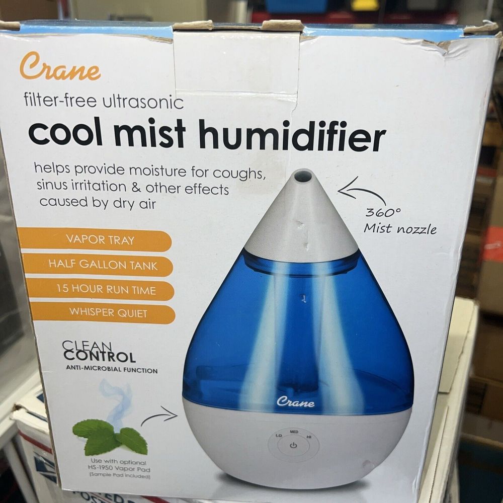 Crane Droplet Ultrasonic Cool Mist Humidifier 0.5 Gallon Tank Blue and White